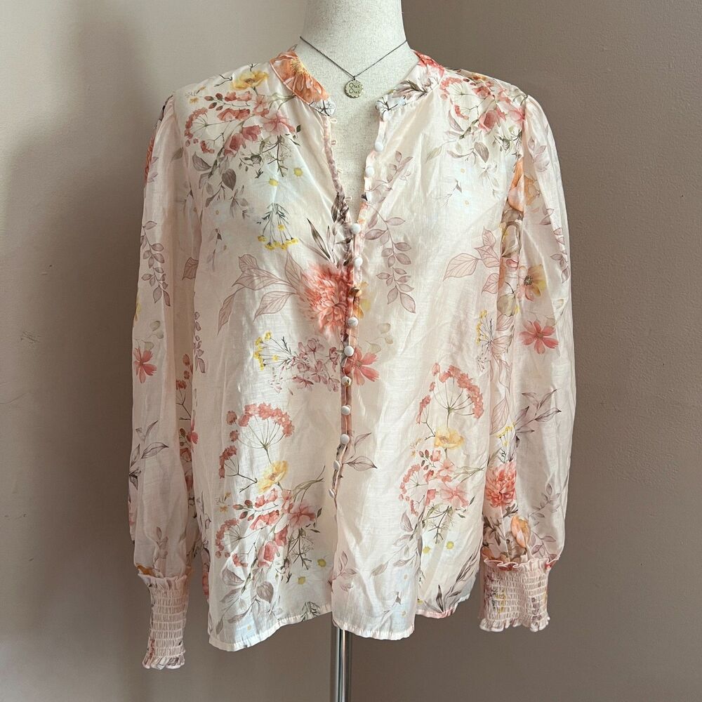 Bailey 44 Floral Blouse Pink Botanical Cottagecore Smocked Cuffs Garden Party XL